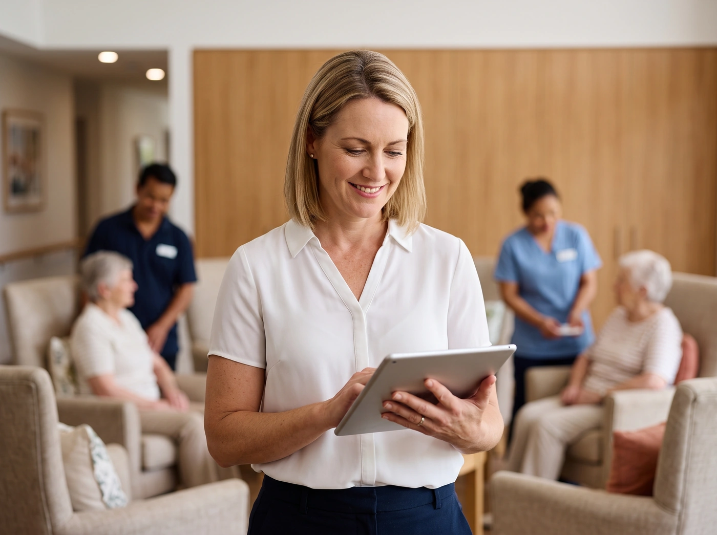 Aged care facility manager reviewing resident and operational data on a tablet in a residential aged care facility, with staff and residents in the background.