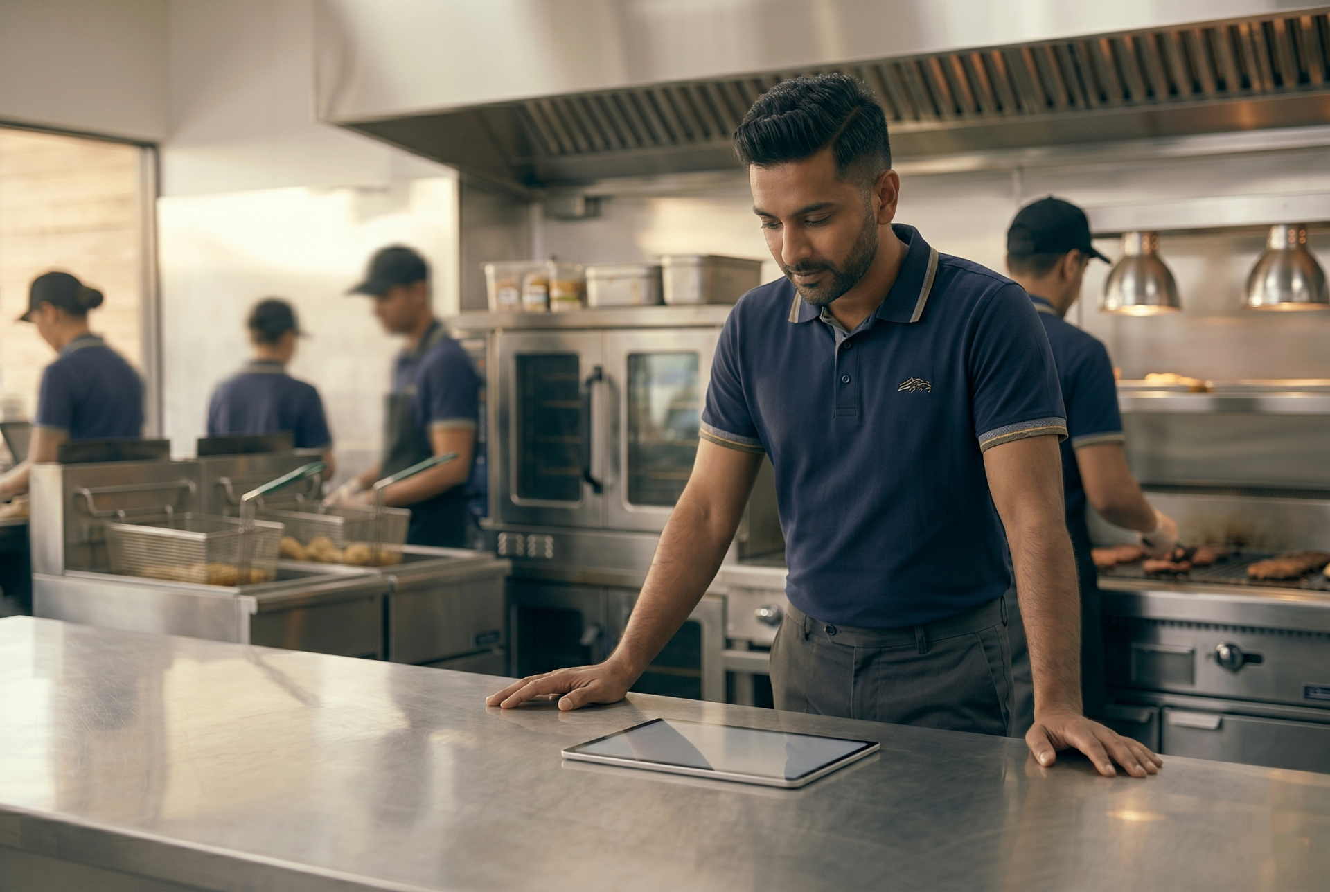 QSR franchise operations manager reviewing a live SinoraIQ performance dashboard on a tablet in a working quick service restaurant kitchen