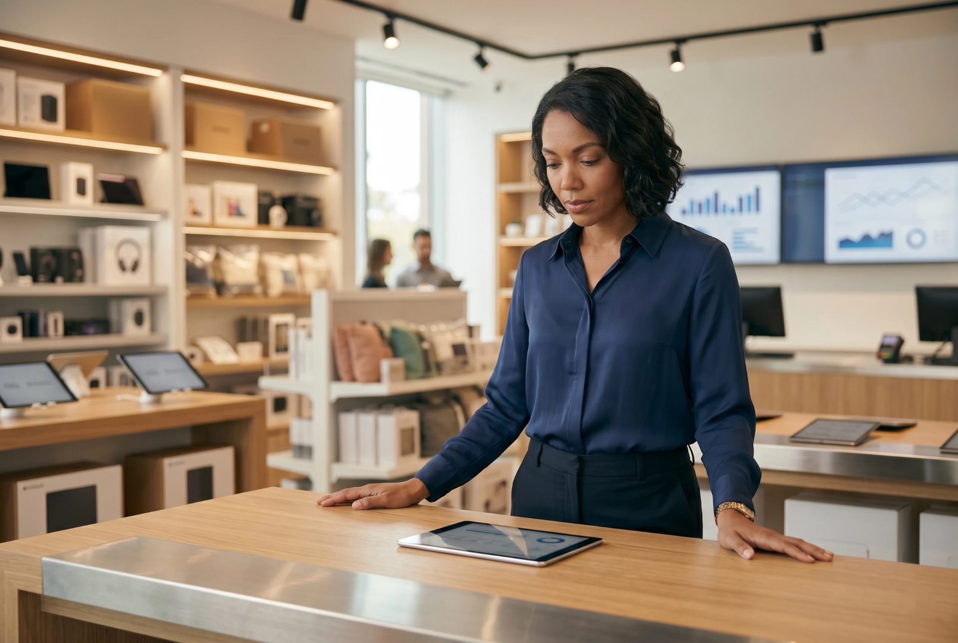 Retail store manager reviewing live store performance data on a tablet, with multi-store dashboards on the wall behind