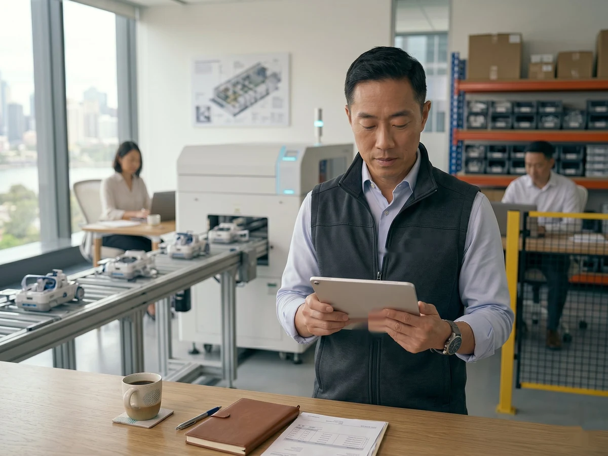 Manufacturing operations manager reviewing bill of materials and inventory data on a tablet in a production facility