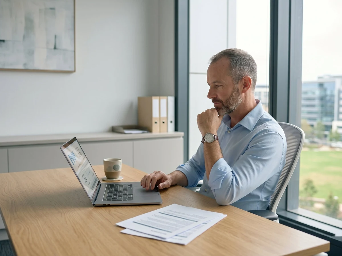 Commercial property manager reviewing portfolio data on a monitor in a contemporary office