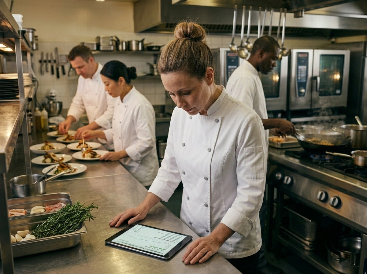 Chef reviewing live recipe and inventory data on a tablet in a production kitchen