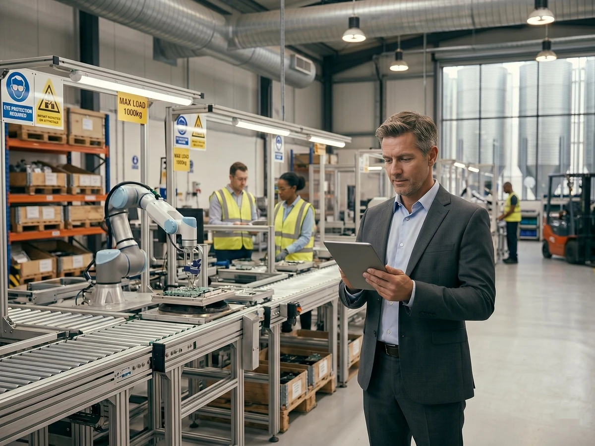 Manufacturing finance director reviewing data on a tablet in an industrial facility