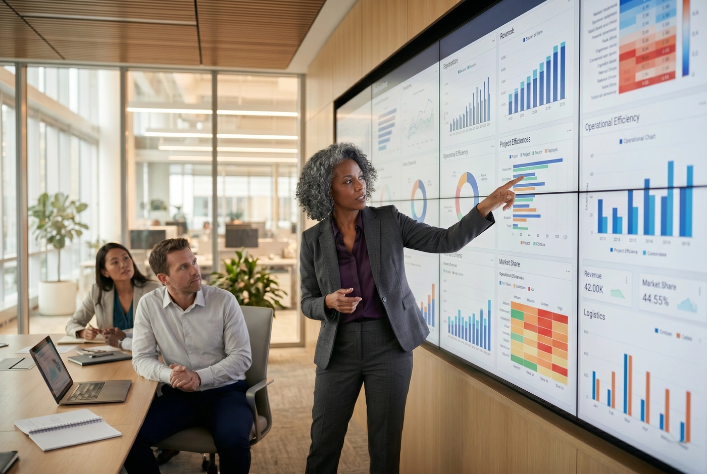 Executive presenting an operational intelligence dashboard wall